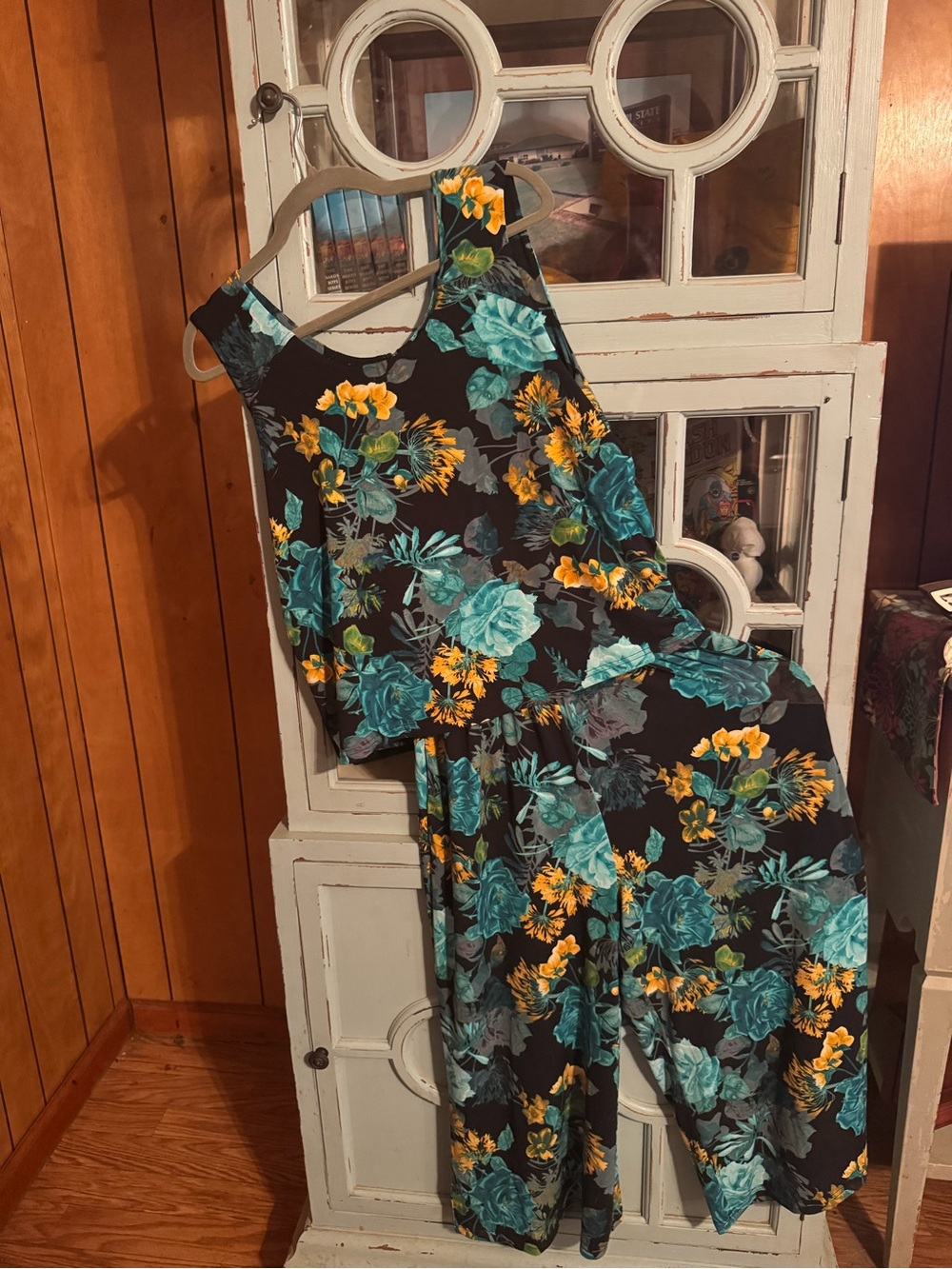 Floral Wide-Leg Jumpsuit in Teal & Yellow - Women Size Medium Lemon Way B14